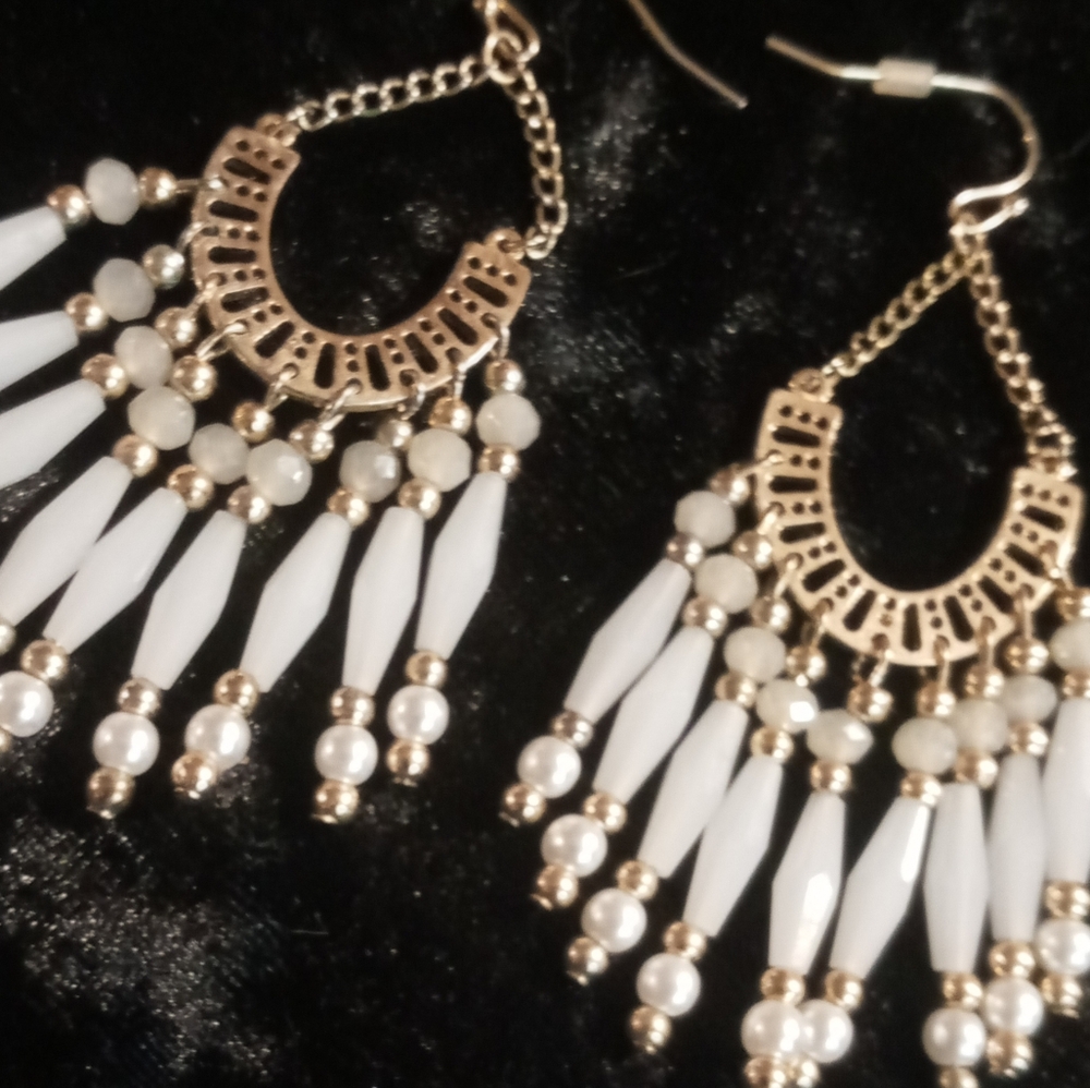 Elegant Gold and White Chandelier Earrings